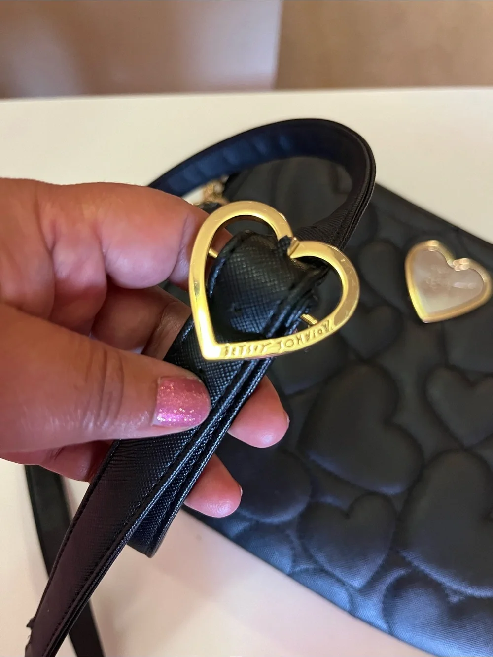 Betsey Johnson Black Quilted Heart Crossbody with Gold Heart Accent